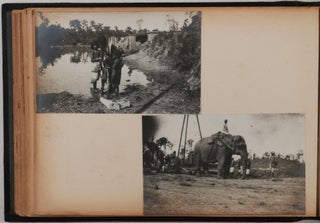 [Album with 36 Original Gelatin Silver Photographs, Taken and Collected by an Associate of the “Assam Oil Company” and Showing the Company Settlement with Bungalows, Oil Reservoirs and Railway Tracks, Construction of Oil Derricks, Arriving Train (apparently, of the Assam Railway & Trading Co.), Company’s Associates, Native People of Assam, Working Elephants, &c.].