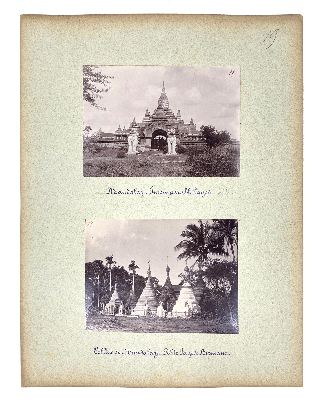 [Collection of 47 Large Original Gelatin Silver and Albumen Photos of Myanmar, Showing the Pagodas and Royal Palace in Mandalay, Shwedagon Pagoda in Yangon, Amarapura, Myanaung, Bhamo, Irrawaddy River, “Khaung Kyaung” Monastery, Burmese Priests (Hponghees), Monks, Musicians and Dancers, Collectors of Palm Tree Sap, Participants of a Religious Ceremony and a Funeral Procession, a Teacher with Children, a Fortune Teller, &c.].