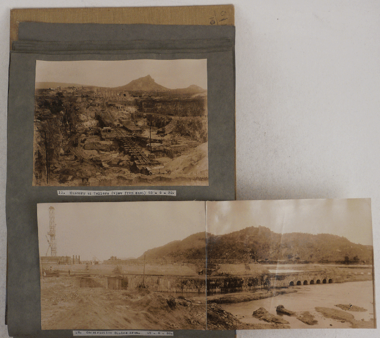 Item #599 [Extensive Archive of ca. 150 Original Gelatin Photographs (88 Mounted in the Album, ca. 60 Loose Ones, and Two Loose Real Photo Postcards), Documenting the Construction of the Mettur Dam on the Kaveri River in the Madras Presidency of British India; With: a Rare Indian Government Imprint, Two Typewritten Letters Signed and over a Dozen Related Newspaper Clippings]. ASIA - INDIA – METTUR DAM, Vincent HART, Engineer-in-Chief of the Construction.
