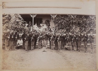 [Album with Thirty-Five Original Albumen and Gelatin Silver Photos of Samoa, Including Eight Photos of Wrecked American and German Naval Ships after the 1889 Apia Cyclone, Images Illustrating the Second Samoan Civil War (“Guard from U.S.F.S. Philadelphia at the American Consulate,” “U.S. Entrenchment, Mulinuu,” “Gatling gun commanding the beach road near Court House,” “The start for Mulinuu,” “Bombardment of Apia”), Scenes of “Unveiling the Anglo-American monument” and Ceremony during the “American Samoa Cession Day, 17 April 1900,” Portraits of Chief Mata’afa Iosefo and King Malietoa Tanumafili I, a Detachment of Samoans Armed with Rifles, &c.].