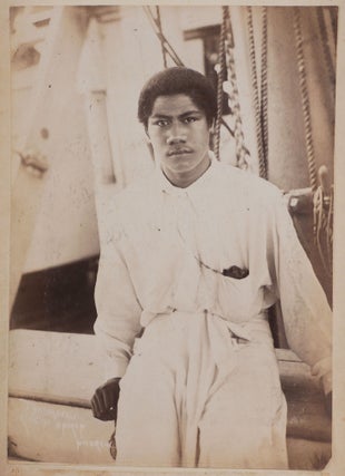 [Album with Thirty-Five Original Albumen and Gelatin Silver Photos of Samoa, Including Eight Photos of Wrecked American and German Naval Ships after the 1889 Apia Cyclone, Images Illustrating the Second Samoan Civil War (“Guard from U.S.F.S. Philadelphia at the American Consulate,” “U.S. Entrenchment, Mulinuu,” “Gatling gun commanding the beach road near Court House,” “The start for Mulinuu,” “Bombardment of Apia”), Scenes of “Unveiling the Anglo-American monument” and Ceremony during the “American Samoa Cession Day, 17 April 1900,” Portraits of Chief Mata’afa Iosefo and King Malietoa Tanumafili I, a Detachment of Samoans Armed with Rifles, &c.].